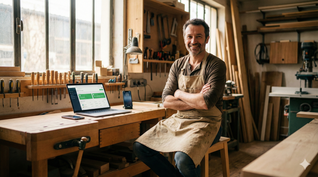 Artisan menuisier détendu dans son atelier grâce à l'automatisation de ses relances et devis