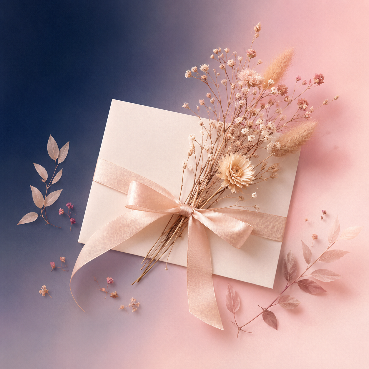 Enveloppe crème nouée d'un ruban et fleurs séchées sur fond bleu et rose