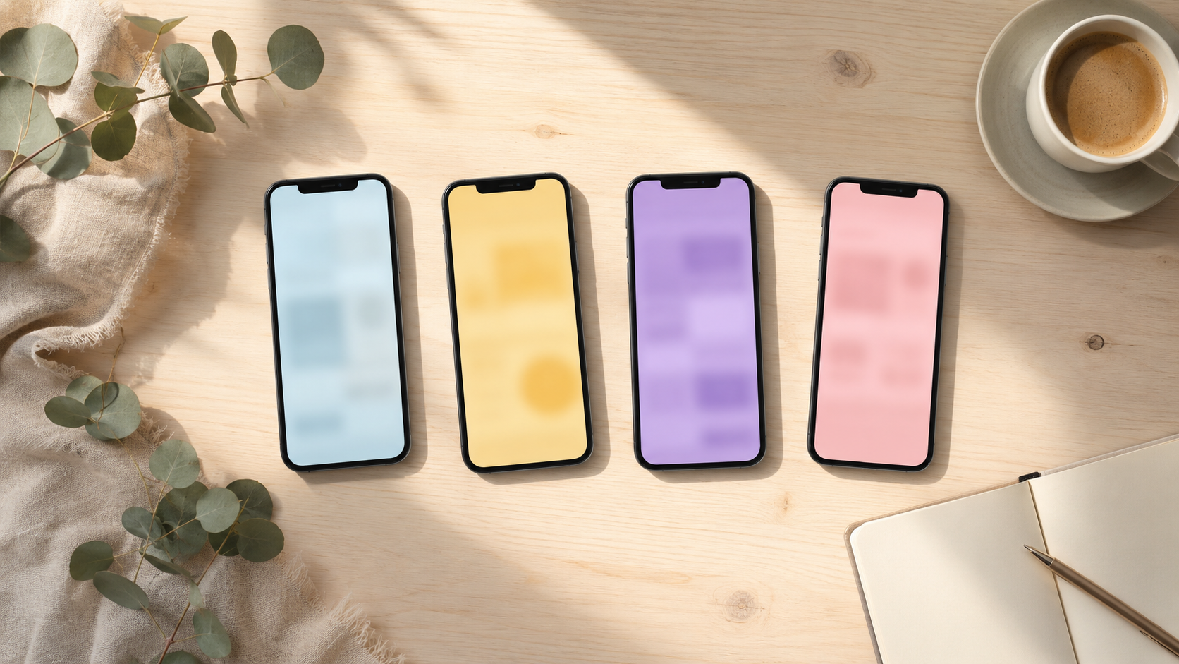 Quatre smartphones posés sur une table en bois, chacun affichant une interface d'une couleur différente