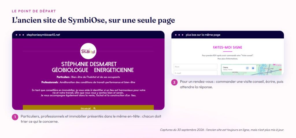 L'en-tête de l'ancien site de SymbiOse et son formulaire de rendez-vous, sur une seule page