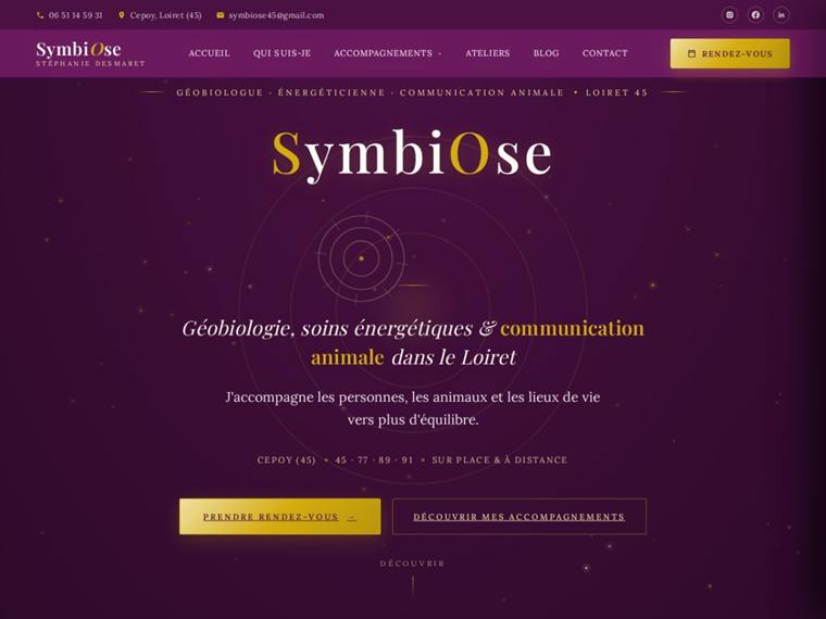 La page d'accueil du site SymbiOse, créé pour Stéphanie Desmaret