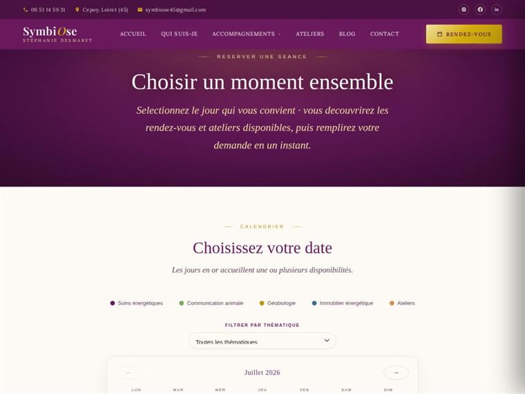 Calendrier de réservation en ligne du site SymbiOse, avec les créneaux disponibles